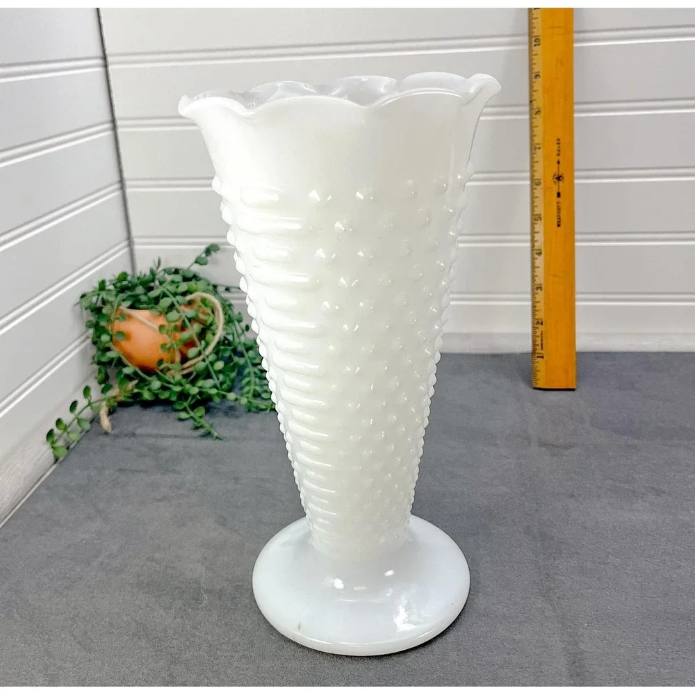 Vintage Anchor Hocking Hobnail Milk Glass Vase - Pedestal Planter